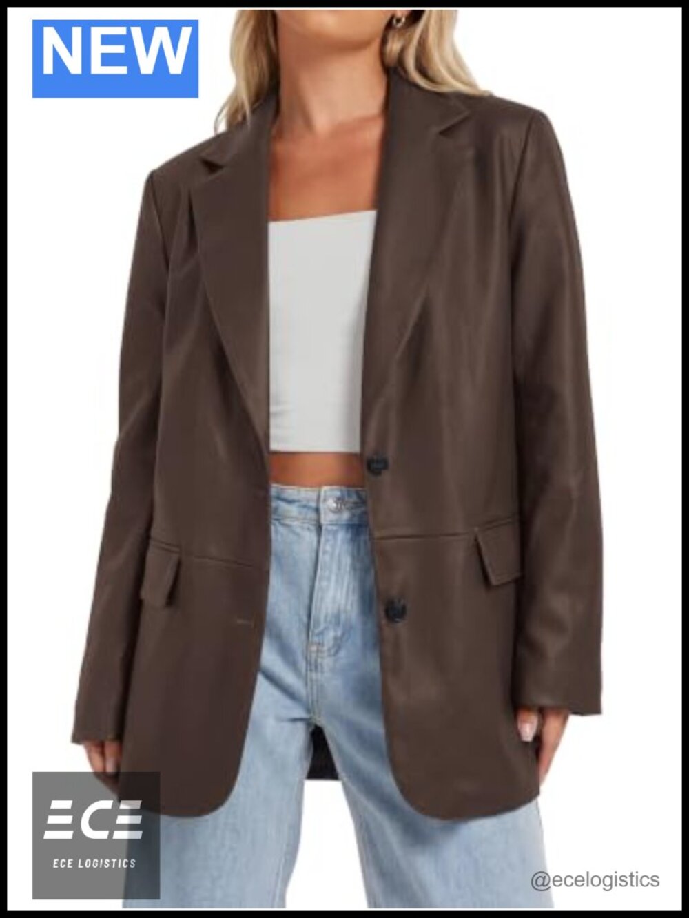 Faux Leather Jacket Womens Loose Casual Blazer Flap Pockets Button Down